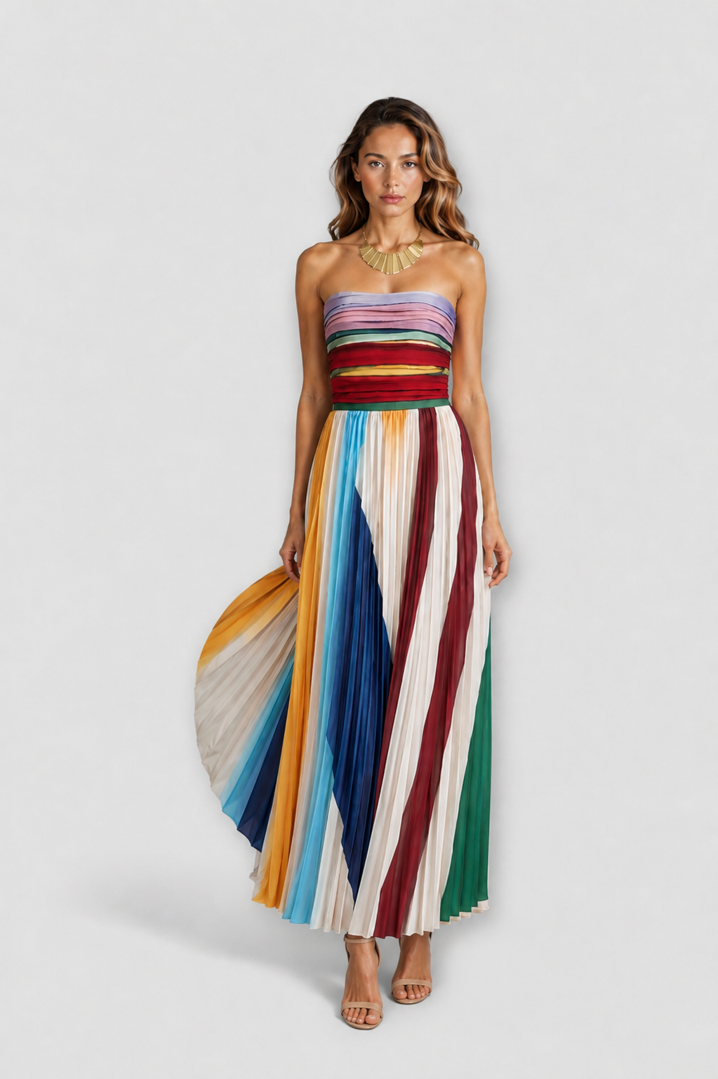 Vivienne | Pleated Rainbow Maxi Dress
